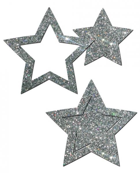 Silver glitter star-shaped nipple pasties with solid and open star designs for a sparkling, stylish look.