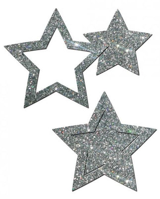 Silver glitter star-shaped nipple pasties with solid and open star designs for a sparkling, stylish look.