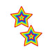 Pair of rainbow-colored star-shaped glitter pasties with layered vibrant stripes on a white background.