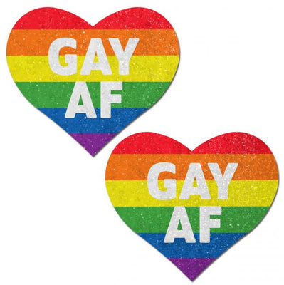 Pair of glittery rainbow heart-shaped pasties with white GAY AF text on each.