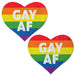 Pair of glittery rainbow heart-shaped pasties with white GAY AF text on each.