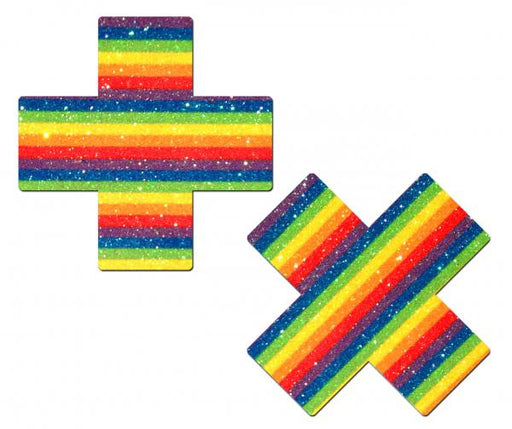 Pair of glittery rainbow-striped plus-shaped adhesive pasties with vibrant colors and a smooth finish.