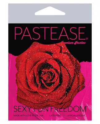 Pastease red glitter velvet blooming rose nipple pasties packaging with bold pink and black design
