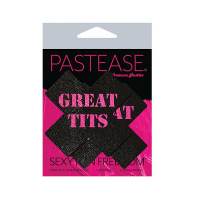 Black and pink cross-shaped nipple pasties with "Great Tits" text by Pastease in retail packaging
