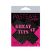 Black and pink cross-shaped nipple pasties with "Great Tits" text by Pastease in retail packaging