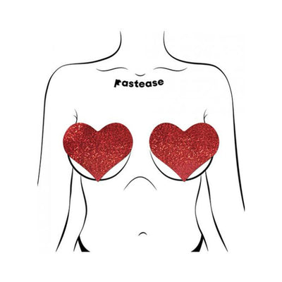 Illustration of red glitter heart-shaped fuller coverage pasties on a female torso outline by Pastease.