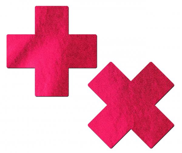 Red cross-shaped shiny pleather nipple pasties with textured surface, peel-and-stick design for secure wear.