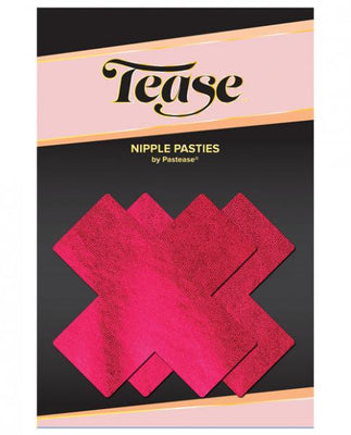 Red cross-shaped nipple pasties with a shiny pleather texture on black and pink Pastease branded packaging.