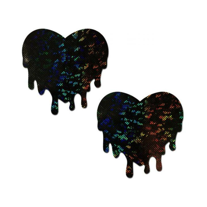 Pair of black heart-shaped nipple pasties with a melting design and holographic disco ball effect.
