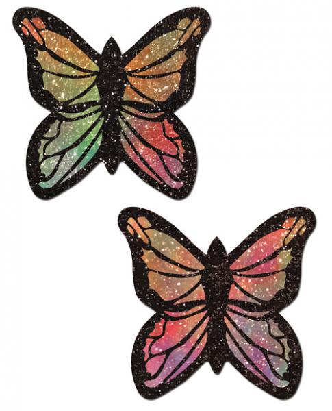 Pair of glittery pastel rainbow butterfly-shaped nipple pasties with black outlines and sparkling finish.