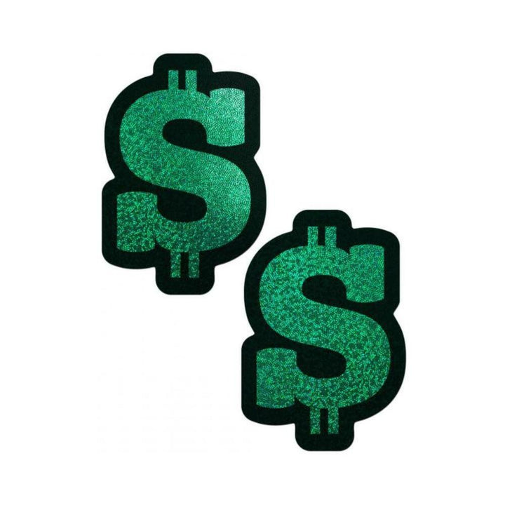 Pair of green glitter dollar sign nipple pasties with black outline on white background.