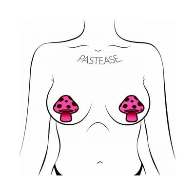 Illustration of a torso wearing neon pink mushroom-shaped nipple pasties with black spots by Pastease.