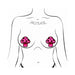 Illustration of a torso wearing neon pink mushroom-shaped nipple pasties with black spots by Pastease.