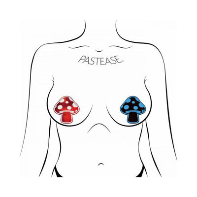 Illustration of a torso wearing Pastease mushroom-shaped nipple pasties in shiny red and glow-in-the-dark blue designs.