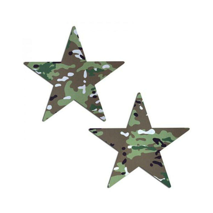 Pair of star-shaped nipple pasties with military multi-cam camouflage pattern on white background