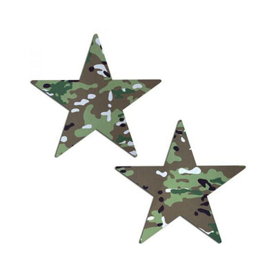 Pair of star-shaped nipple pasties with military multi-cam camouflage pattern on white background