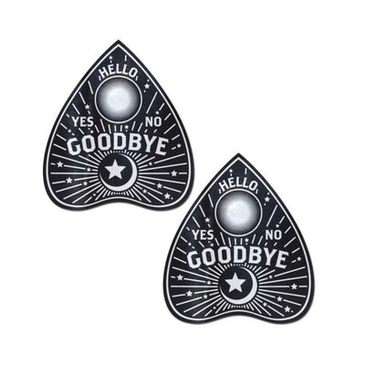 Pair of black Ouija planchette shaped nipple pasties with white mystical symbols and text including Hello, Yes, No, and Goodbye.