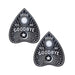 Pair of black Ouija planchette shaped nipple pasties with white mystical symbols and text including Hello, Yes, No, and Goodbye.