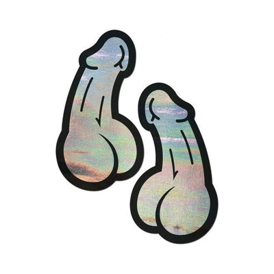 Pair of holographic silver penis-shaped nipple pasties with black outline on white background.