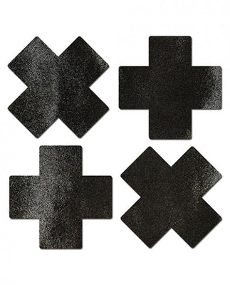 Set of four black liquid cross-shaped nipple pasties with a smooth, glossy finish.