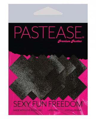 Pack of two pairs of black liquid cross-shaped nipple pasties by Pastease in pink and black packaging.