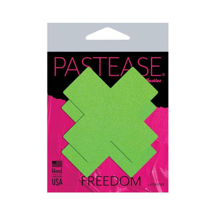 Pastease Plus X neon green day-glow lycra cross nipple pasties in black and pink packaging, handmade in the USA.