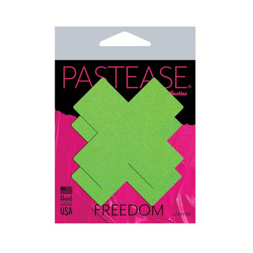 Pastease Plus X: Neon Green Day-glow Lycra Cross Nipple Pasties | SexToy.com