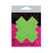 Pastease Plus X neon green day-glow lycra cross nipple pasties in black and pink packaging, handmade in the USA.