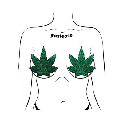 Illustration of green glitter pot leaf shaped fuller coverage pasties on a stylized female torso.