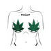 Illustration of green glitter pot leaf shaped fuller coverage pasties on a stylized female torso.