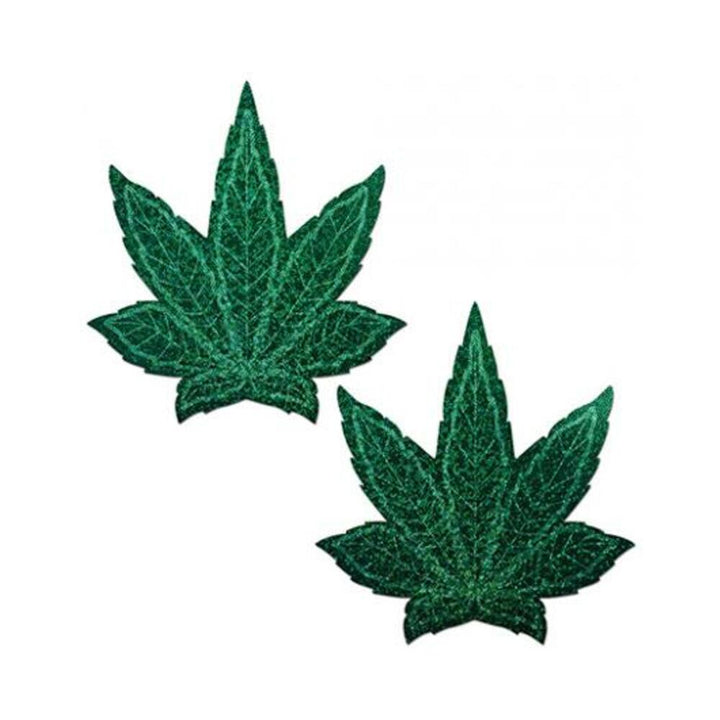 Pair of green glittery pot leaf shaped fuller coverage pasties with detailed vein design