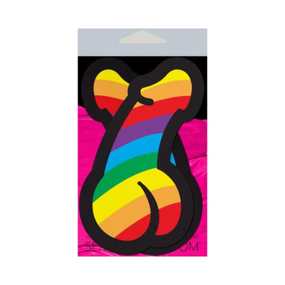 Rainbow pride penis-shaped pasties with bold black outline on bright pink and black packaging.