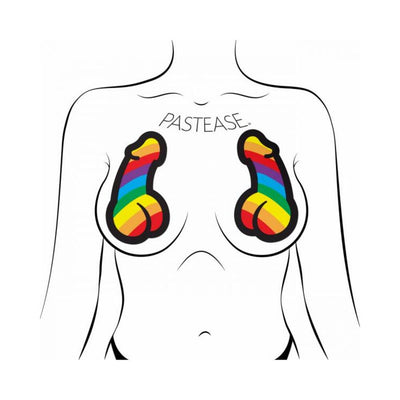 Illustration of a torso wearing Pastease Rainbow Pride dick-shaped nipple pasties in vibrant rainbow colors.