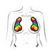 Illustration of a torso wearing Pastease Rainbow Pride dick-shaped nipple pasties in vibrant rainbow colors.