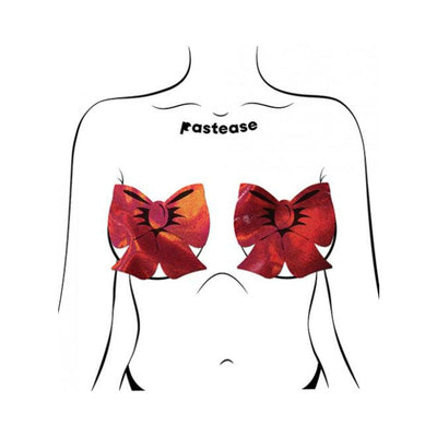 Illustration of red holographic bow-shaped fuller coverage pasties on a stylized female torso.