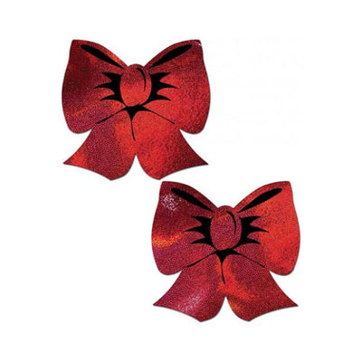 Pair of red holographic bow-shaped fuller coverage pasties with black detailing, designed for support and style.