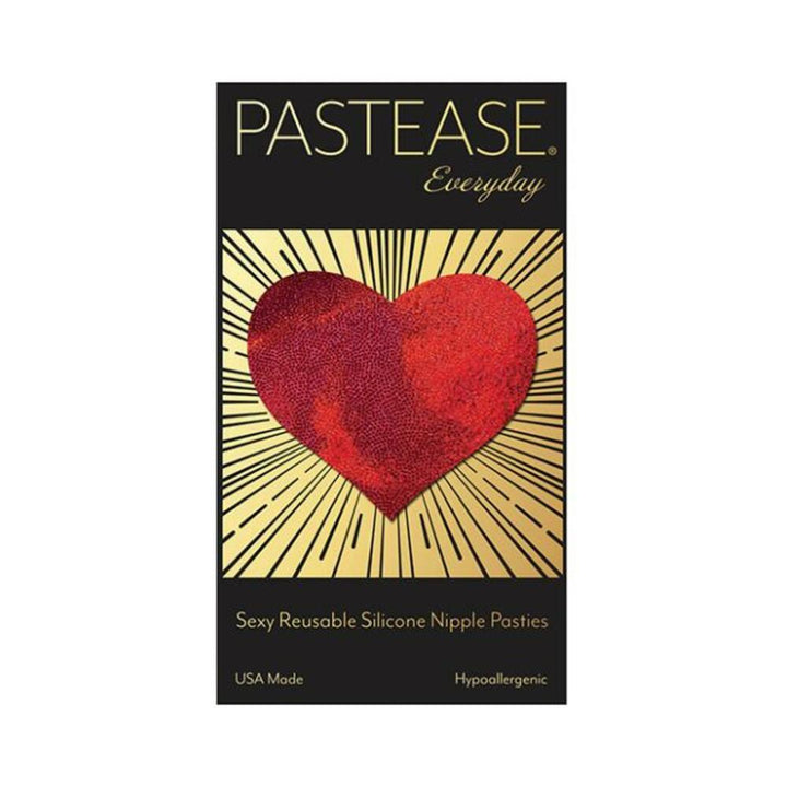 Pastease Everyday reusable red liquid heart-shaped silicone nipple pasties in black and gold packaging.
