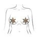 Illustration of a torso wearing glittering golden sheriff star-shaped nipple pasties on each breast.
