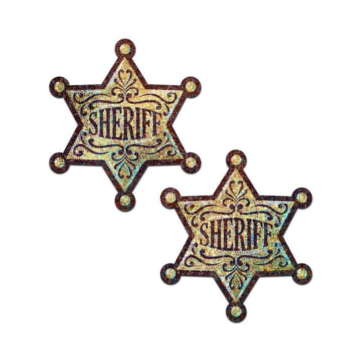 Pair of glittering golden sheriff star-shaped nipple pasties with decorative black detailing and the word sheriff in the center.