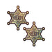 Pair of glittering golden sheriff star-shaped nipple pasties with decorative black detailing and the word sheriff in the center.