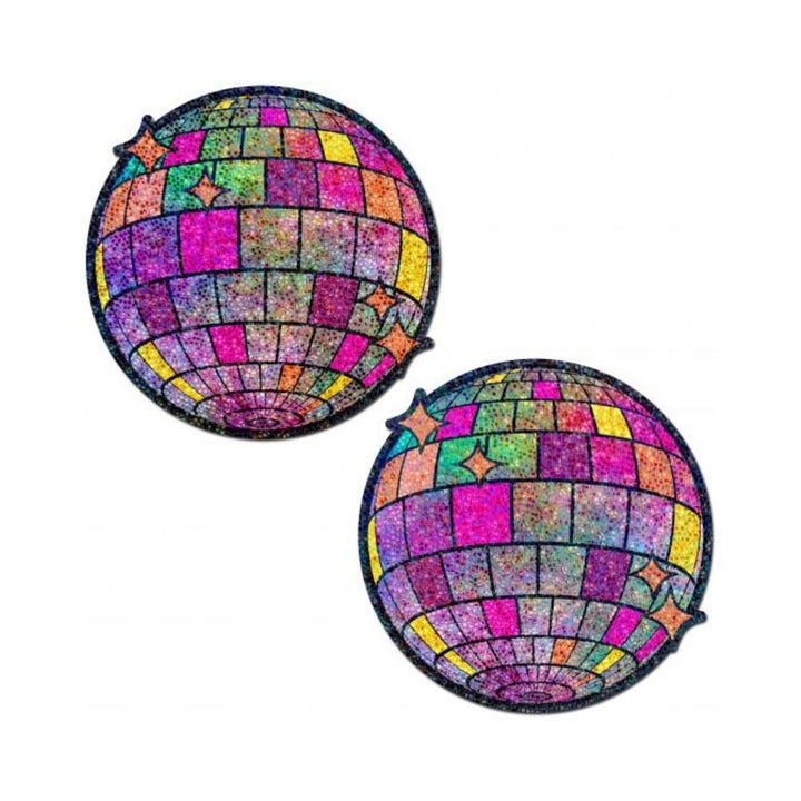 Pair of shimmering disco ball design nipple covers with colorful glitter squares and star accents by Pastease