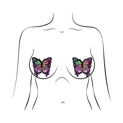 Illustration of a woman wearing Pastease Trippy Butterfly Melt Rainbow Glitter nipple pasties with colorful dripping butterfly design.