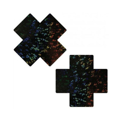 Pair of black disco ball style fuller coverage adhesive pasties with holographic shimmer in cross shapes.