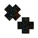 Pair of black disco ball style fuller coverage adhesive pasties with holographic shimmer in cross shapes.