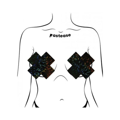 Illustration of a torso wearing Pastease X Black Disco Ball fuller coverage black holographic cross-shaped pasties.