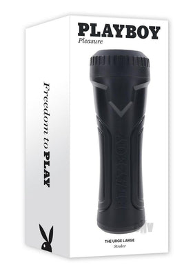 Playboy The Urge Large Stroker in black with textured grip shown on white packaging box.