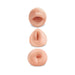 Set of three realistic pocket-sized masturbators in mouth, vaginal, and anal designs made from soft flesh-toned material.