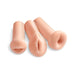 Set of three realistic soft pocket masturbators in flesh tone, featuring mouth, vaginal, and anal openings.