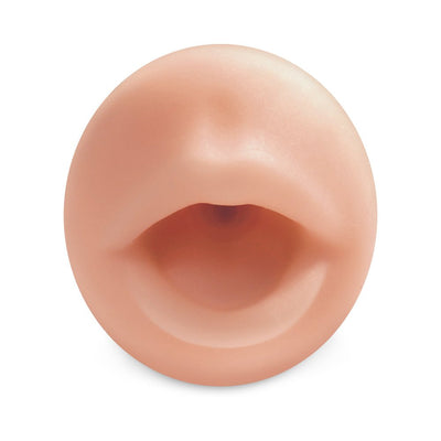 Close-up of a flesh-toned premium pleasure sleeve with realistic lips design.