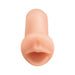 Compact flesh-toned pleasure sleeve with realistic soft lips design for discreet intimate use.